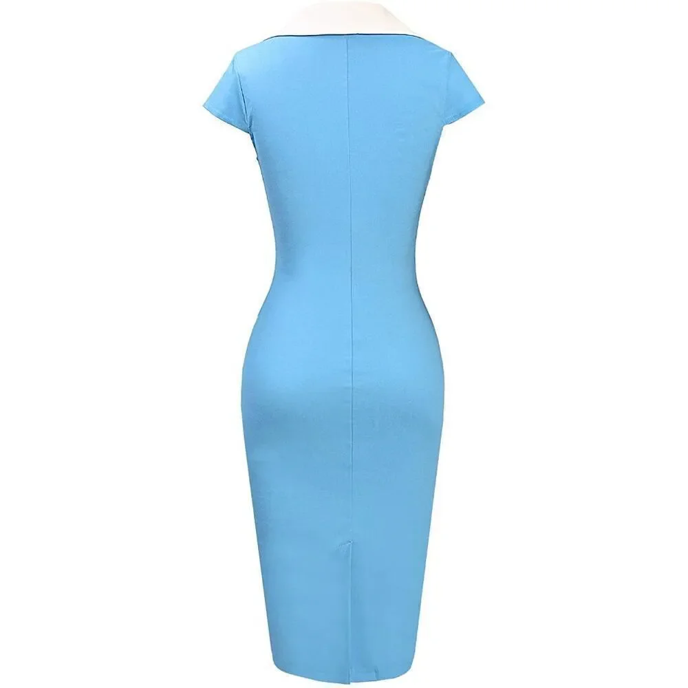 Retro Vintage Pinup 1950s Classy Elegant Cocktail Pencil Midi Blue Dress XXL NWT